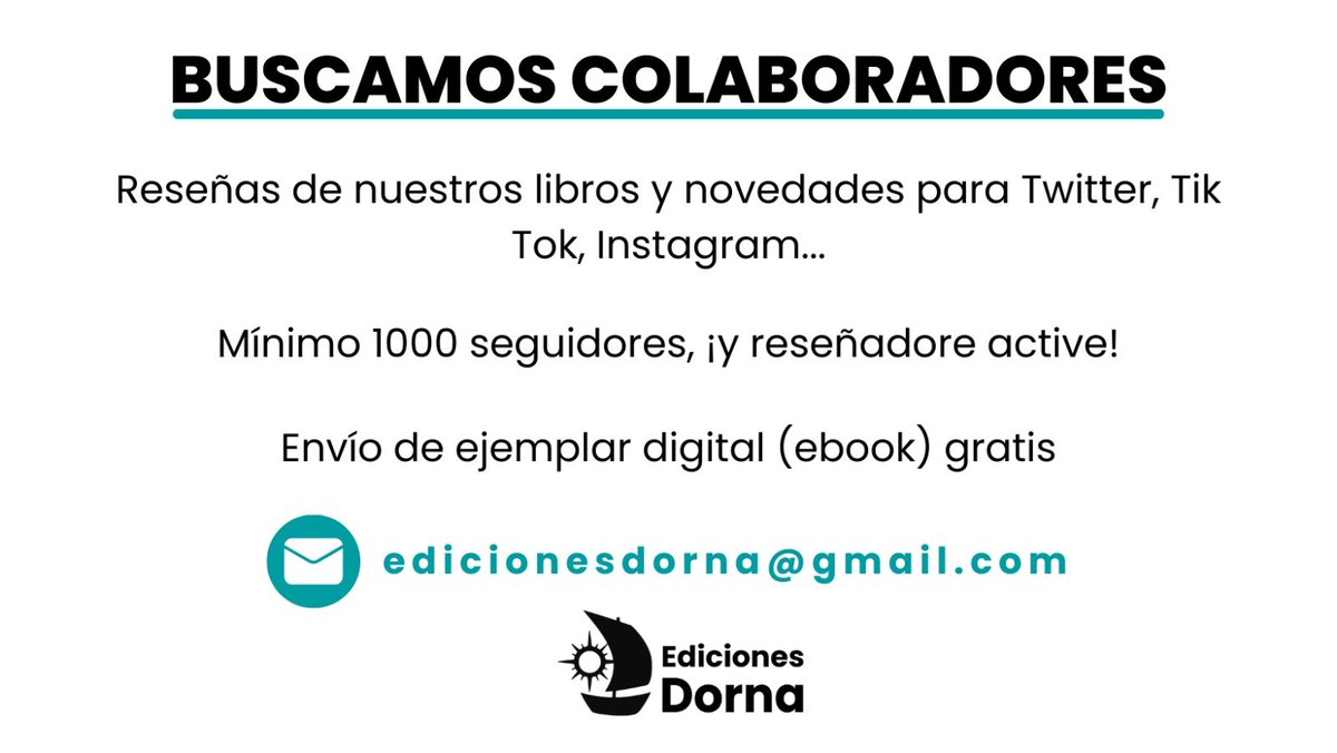 📚 BUSCAMOS COLABORADORES PARA HACER RESEÑAS 📚

Solo pedimos un mínimo de 1.000 seguidores, que estés active en tu red social preferida y que estés interesade en nuestro catálogo.

¡Agradecemos reseña en Goodreads también, por supuesto!

Escríbenos a edicionesdorna@gmail.com 📩