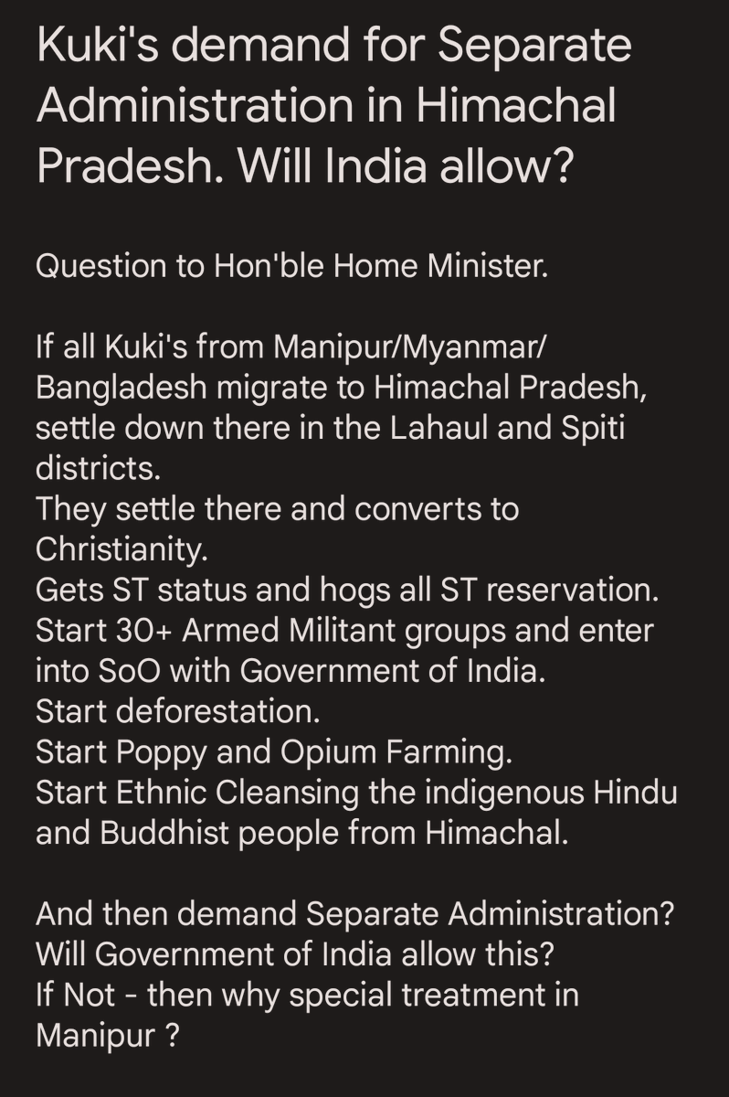 EiniAsengba's tweet photo. Seperate Administration in Himachal Pradesh??
@UN @UNHumanRights @indiagovernment @BJP4India @AmitShah @DefenceMinIndia @PMOIndia @rashtrapatibhvn
#SeparationAdministration
#Manipur
#ManipurTribals
#Kukis https://t.co/2Cbz306oHJ