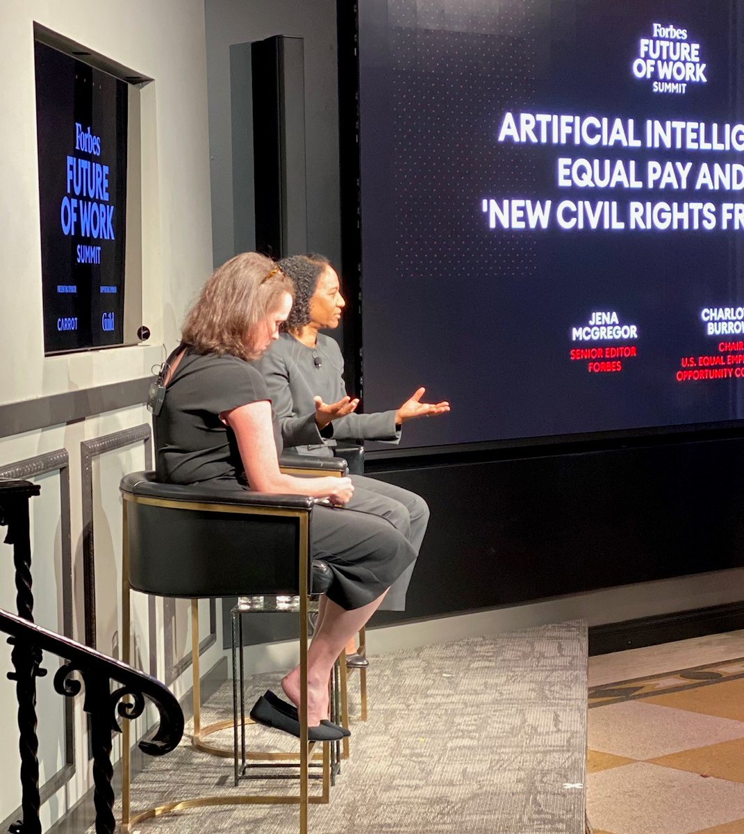 USEEOC's tweet image. Last week, @EEOCChair Burrows spoke with #ForbesFutureOfWork Summit host @JenaMcGregor about AI, equal pay, and other employment issues.