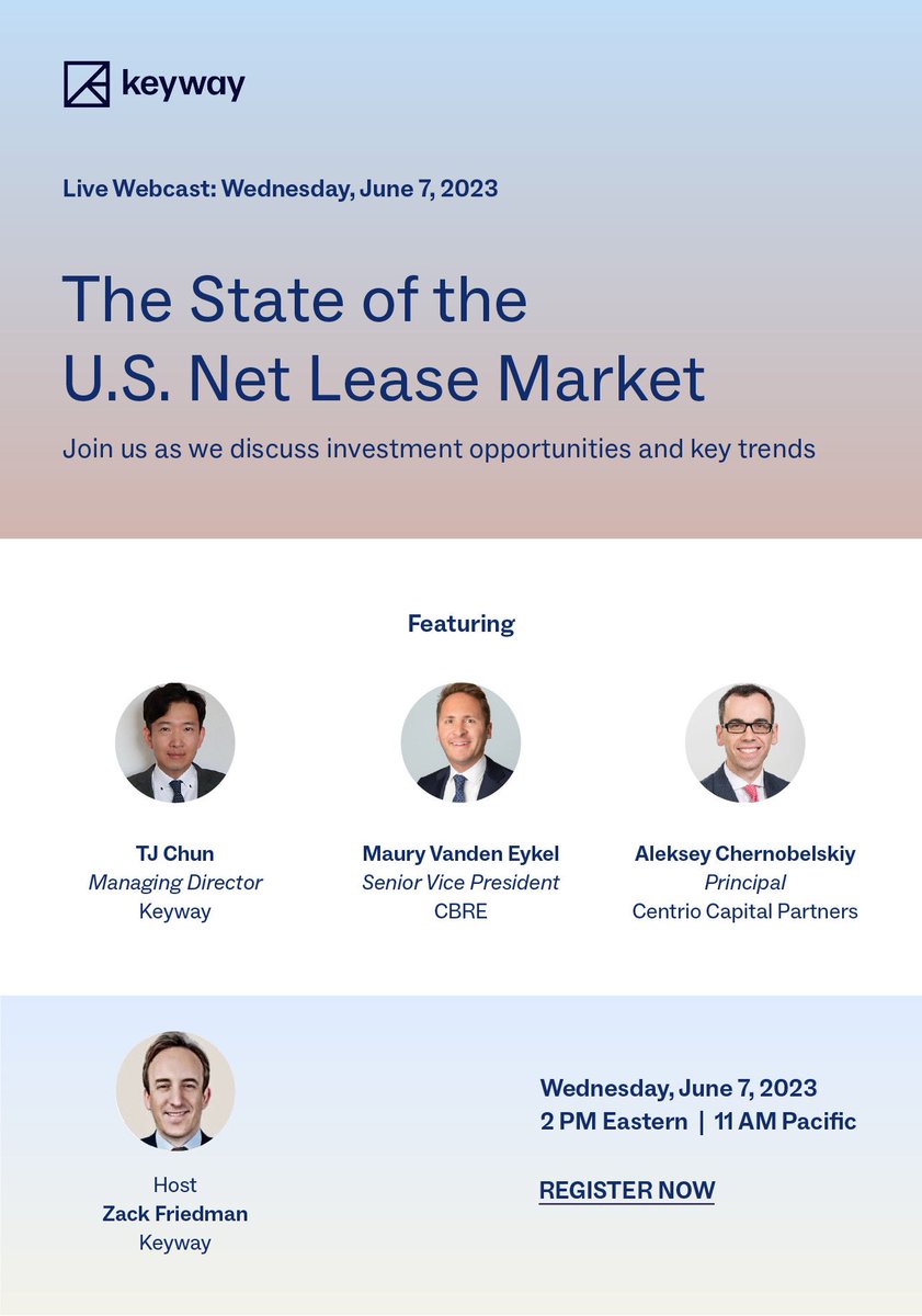 Keyway is hosting a live webinar on “The State of the U.S. Net Lease Market” this Wednesday, June 7 at 2 pm Eastern / 11 am Pacific. Join Keyway and our expert panelists as we discuss investment opportunities and key trends Join here: us06web.zoom.us/j/84000540407 #realestate #CRE