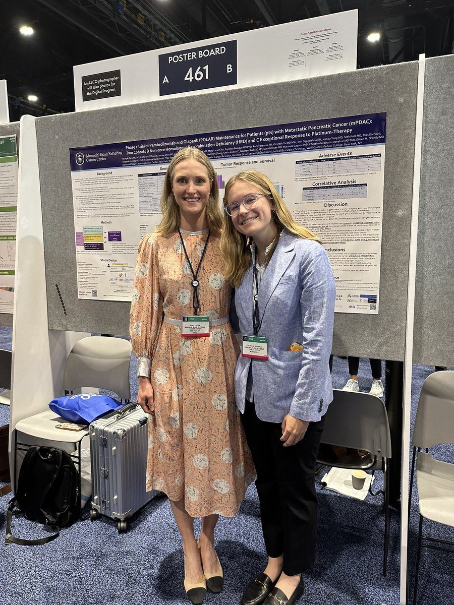 Dr. Wungki Park’s (@CentralParkWMD) abstract poster on #pancreaticcancer research at #ASCO23. Pictured: Pancreas clinical trials nurse Mary Larsen (@MHLars) and undergrad research student Catherine O’Connor (@CatherineaOC) holding down the fort.