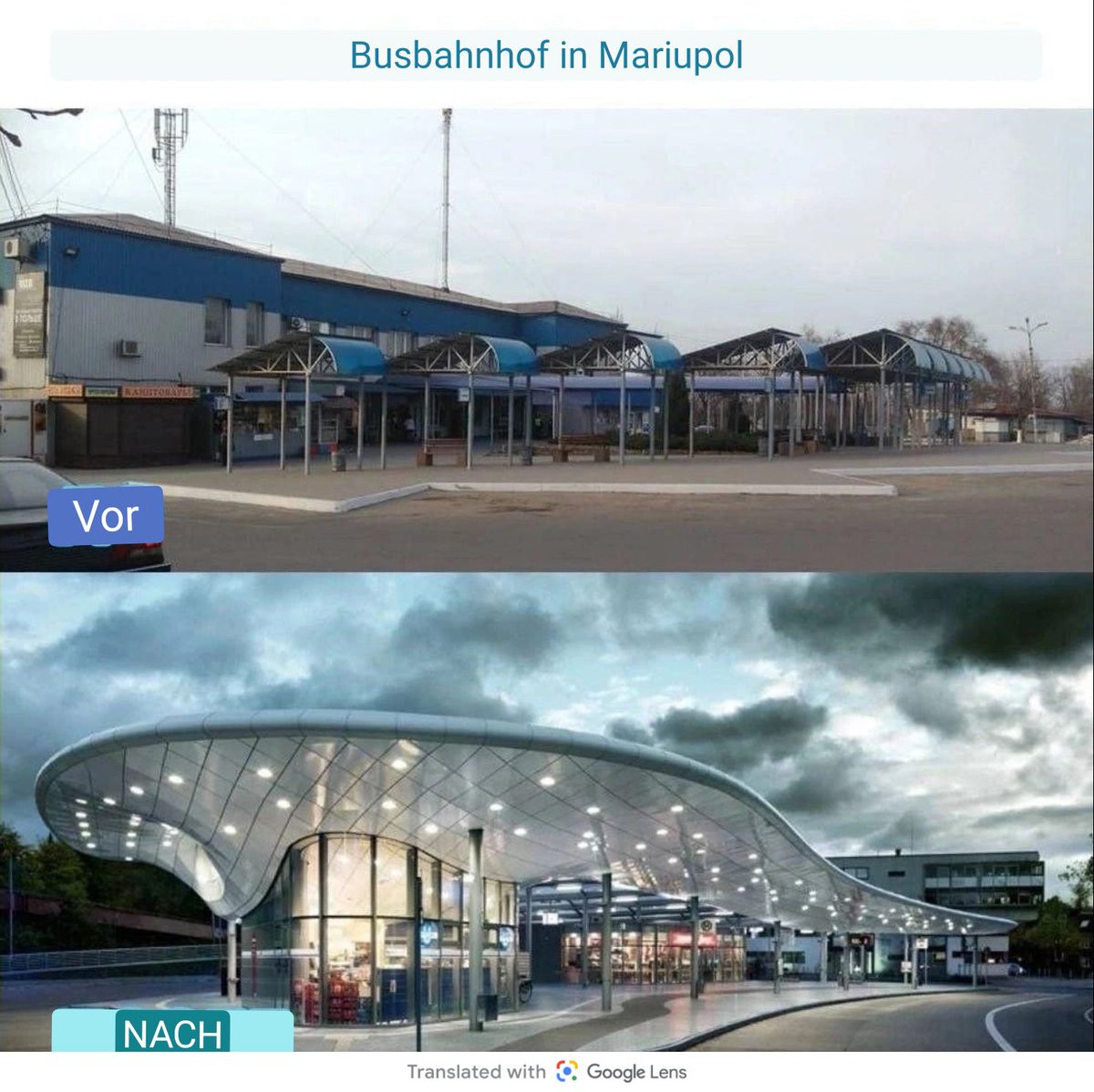 🇷🇺:Dümmliche Russenpropaganda Teil 1876.
Heute: Der neue Busbahnhof von Mariupol !
Auf einem 🇩🇪sprachigen Russen Kanal ist heute dies aufgetaucht.
Ein neuer, schicker Busbahnhof für Mariupol. Viel besser als der alte.
Natürlich ist das wie immer für ein Publikum gedacht, 1/2