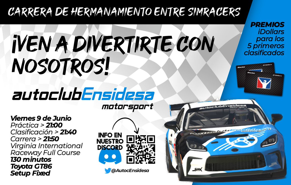 AutoClub Ensidesa Motorsport os invita a participar en nuestro próximo evento, que organizamos para hacer más llevadera esta Week13, y fomentar el acercamiento entre equipos y pilotos.

Toda la info en nuestro Discord. ¡Sois todos bienvenidos!
🔻🔻🔻
discord.gg/s5VSCn2H