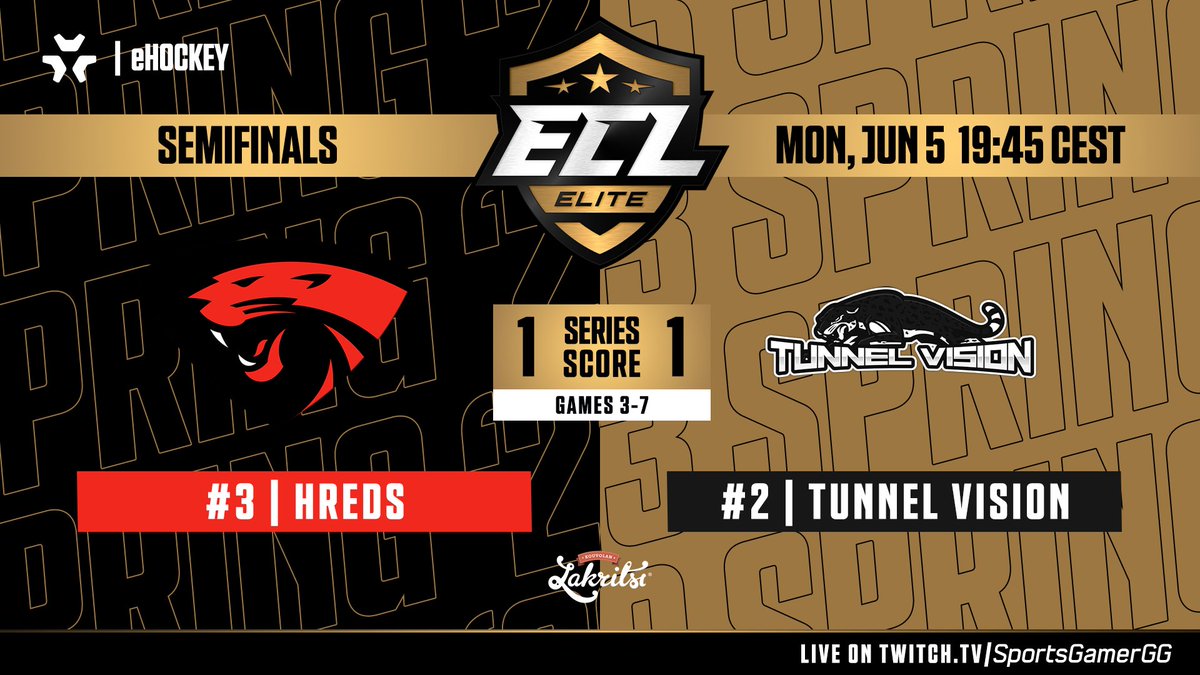 Tonight we will find out who will make it to the finals. So far series is tied 1-1.

🏆: ECL '23 Spring Elite (G3 -> )
🆚: @hredsofficial 
🕘: 21.00 EET
📱: twitch.tv/SportsGamerGG
🎙️: @Tougie24 & @CynFtWProd

@SportsGamerGG #ECL23Spring #eHockey #NHL23