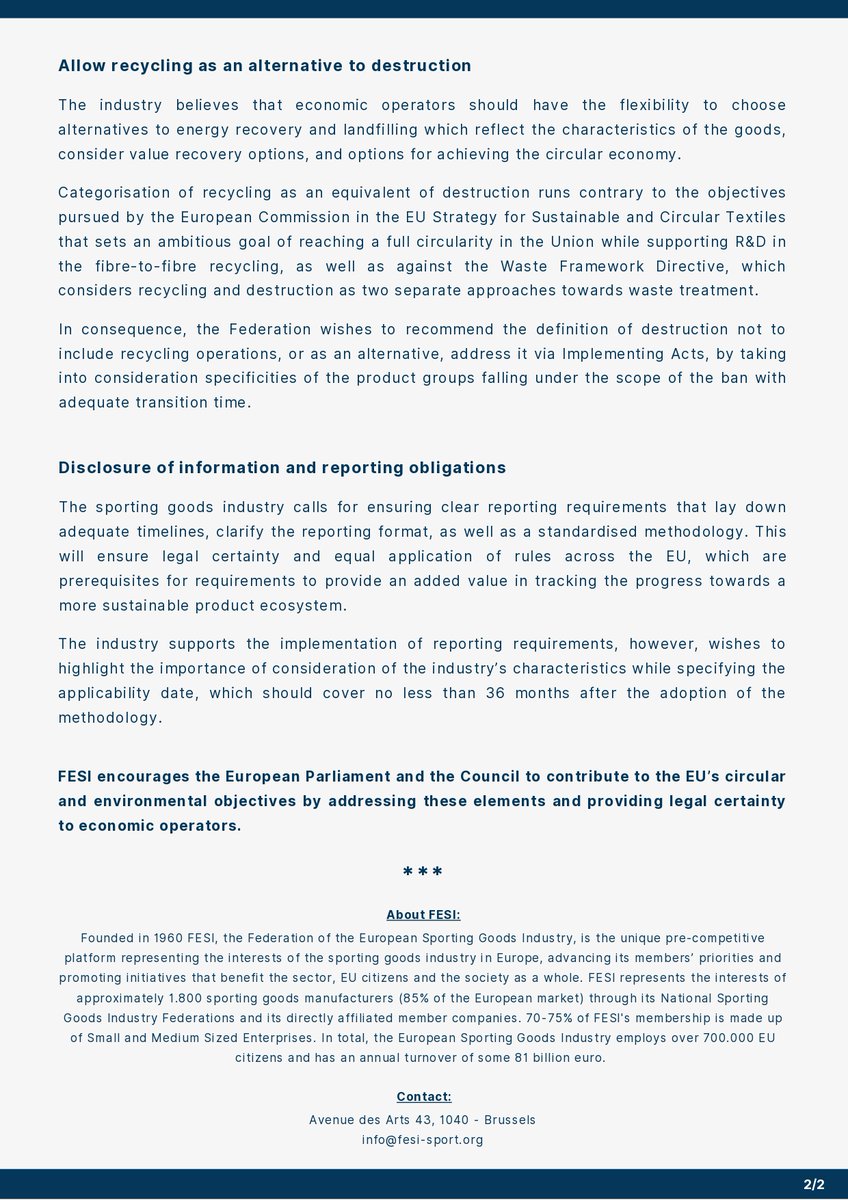➡ Although we support the goals of the #ESPR proposal, we think that it's crucial to address issues like:

👟Requirement to clarify the definition of unsold products
⚖ Provide #legalcertainty 
♻ Permit #recycling as a substitute for #destruction

Our statement ⏬

#ecodesign