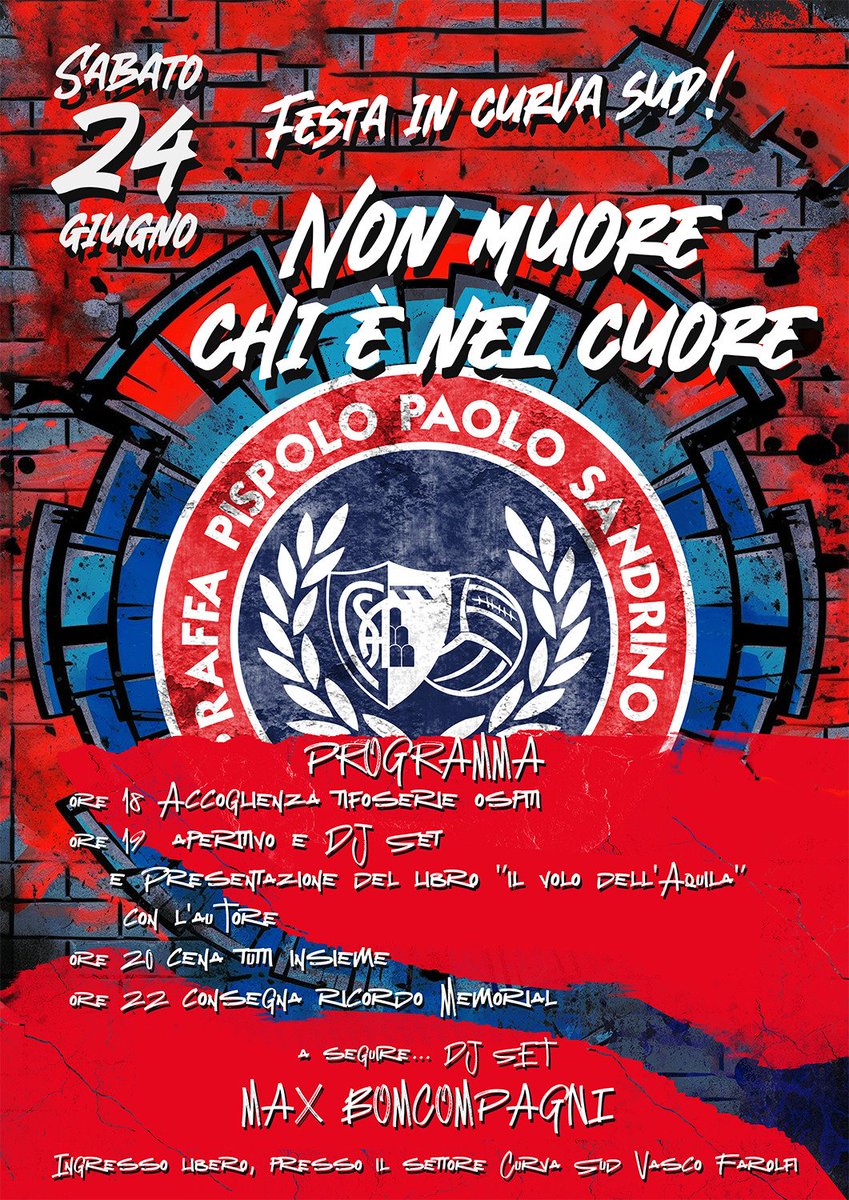 Sabato 24 giugno festa della Curva Sud Montevarchi, in Curva Sud!
Tra le altre cose, alle 19, presentiamo il libro #IlVoloDellAquila.