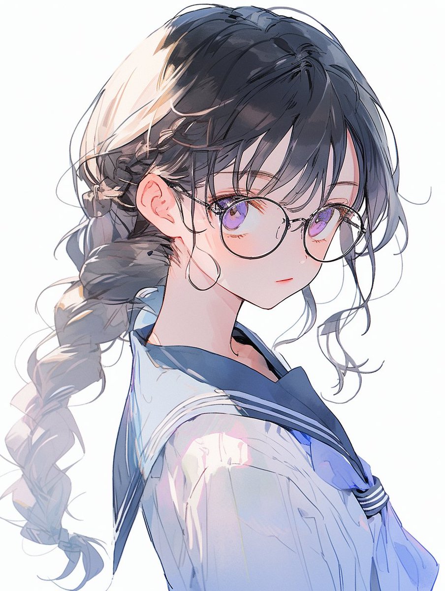 1girl solo braid glasses purple eyes white background looking at viewer  illustration images