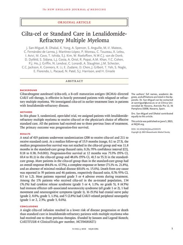 Excellent data showing superiority of Cilta-Cel over DPd/PVd in 2L+ Len-Ref patients lead by #DrJFSanMiguel <a href="/ClinicaNavarra/">Clínica Universidad de Navarra</a> and presented by <a href="/bhemato/">Binod Dhakal</a> at #ASCO2023 and now published in <a href="/NEJM/">NEJM</a>. Great advances in #RRMM!!!