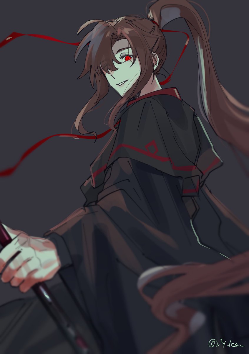 long hair solo red eyes ponytail 1boy male focus brown hair  illustration images