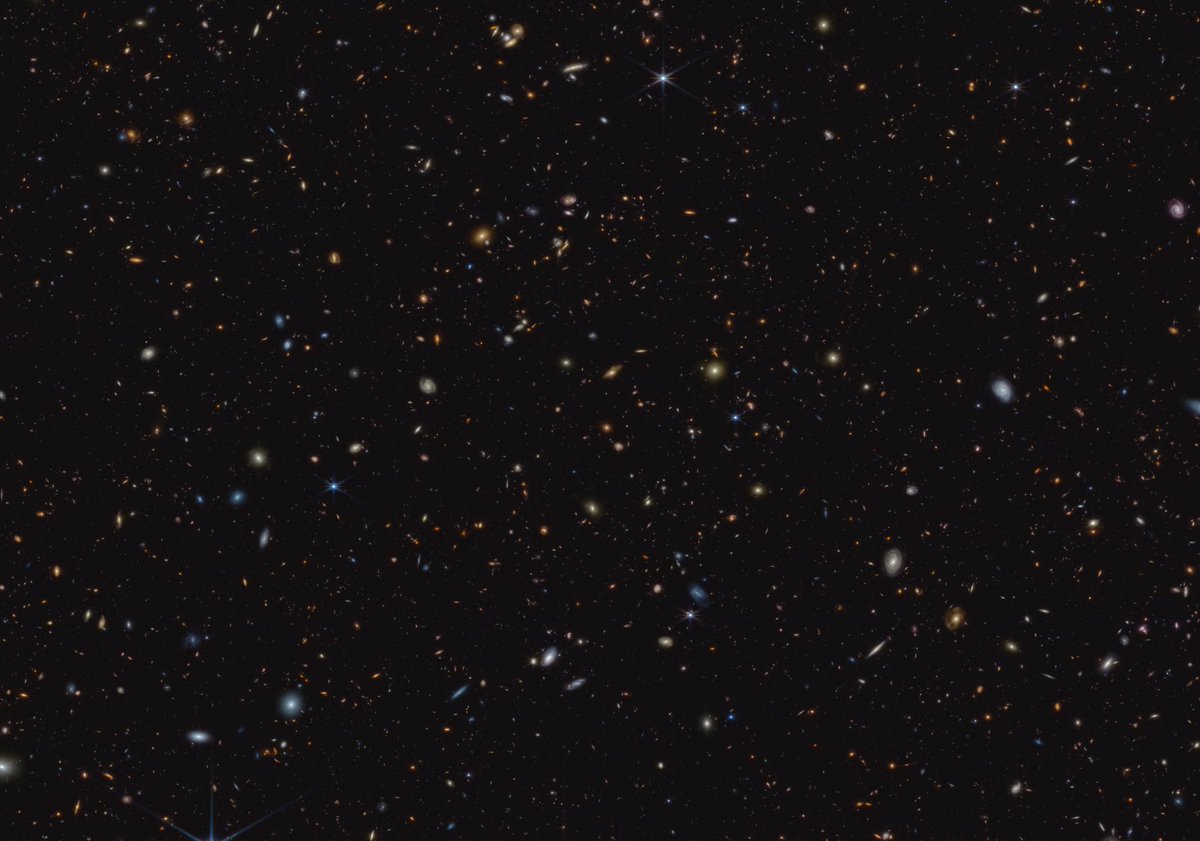NASAWebb's tweet image. You're looking at 45,000+ galaxies.

This image was taken as part of the JWST Advanced Deep Extragalactic Survey (JADES) — a massive science program that’s revolutionizing what we know about galaxies in the early universe: go.nasa.gov/3CdLq0s

Here are the highlights ⬇️