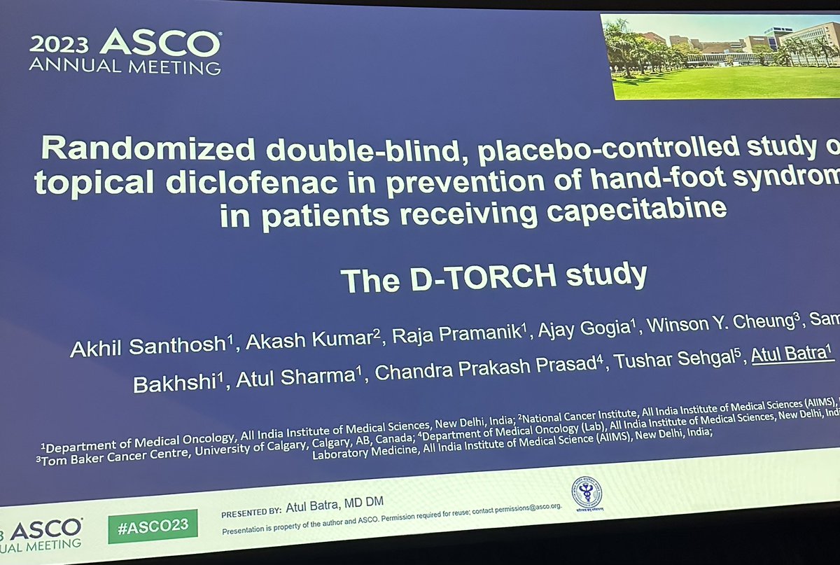 Practice changing #supponc study on how to reduce risk of hand foot syndrome from capecitabine with topical diclofenic #asco23 🧵. @OncoAlert