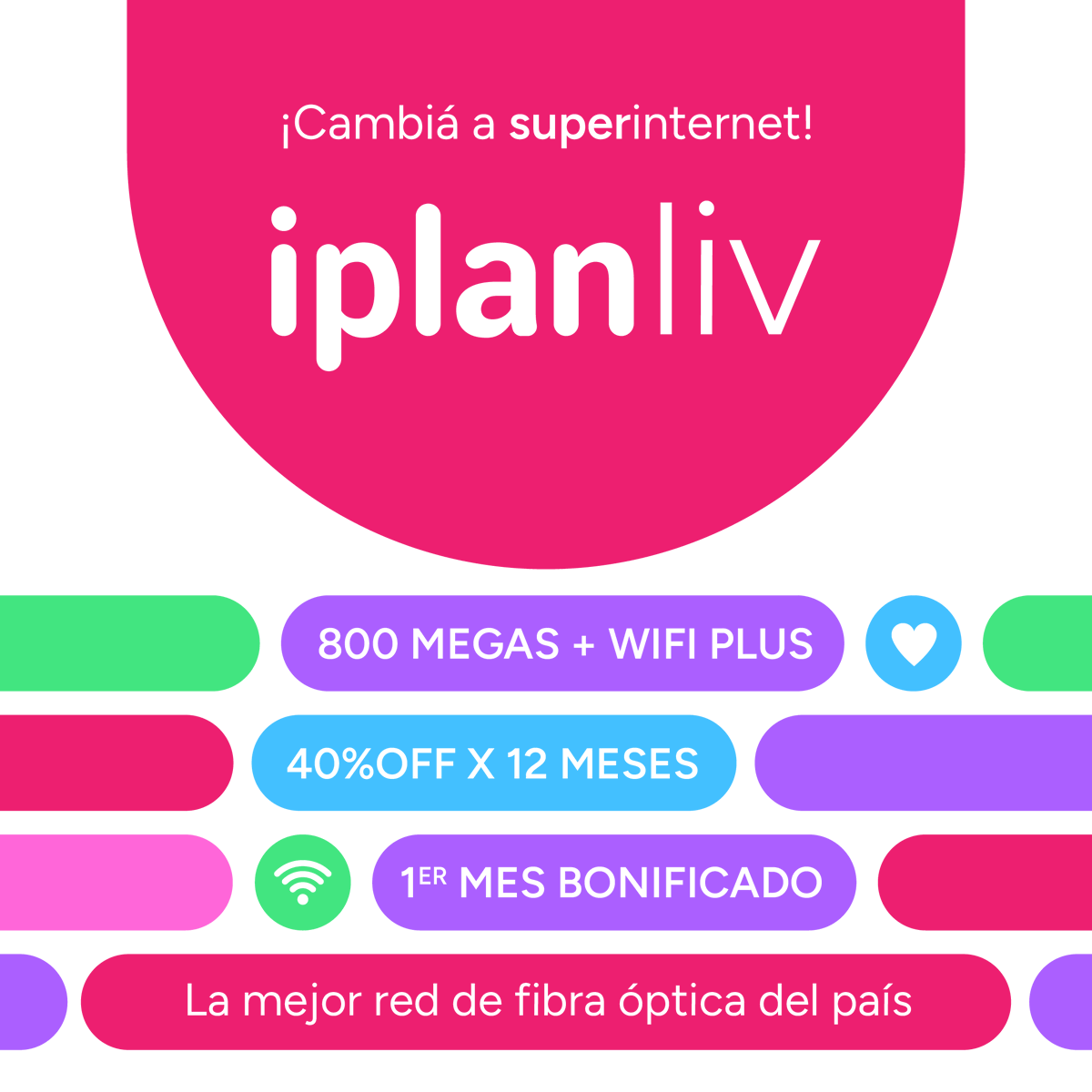 iplanarg's tweet photo. Aprovechá ahora este descuento y tené tu casa #superconectada con 800 megas.

Entrá al link en bio, chequeá si estás en Zona iplanliv y conectate a la mejor red de fibra óptica del país. https://t.co/kZXbhYcm7k