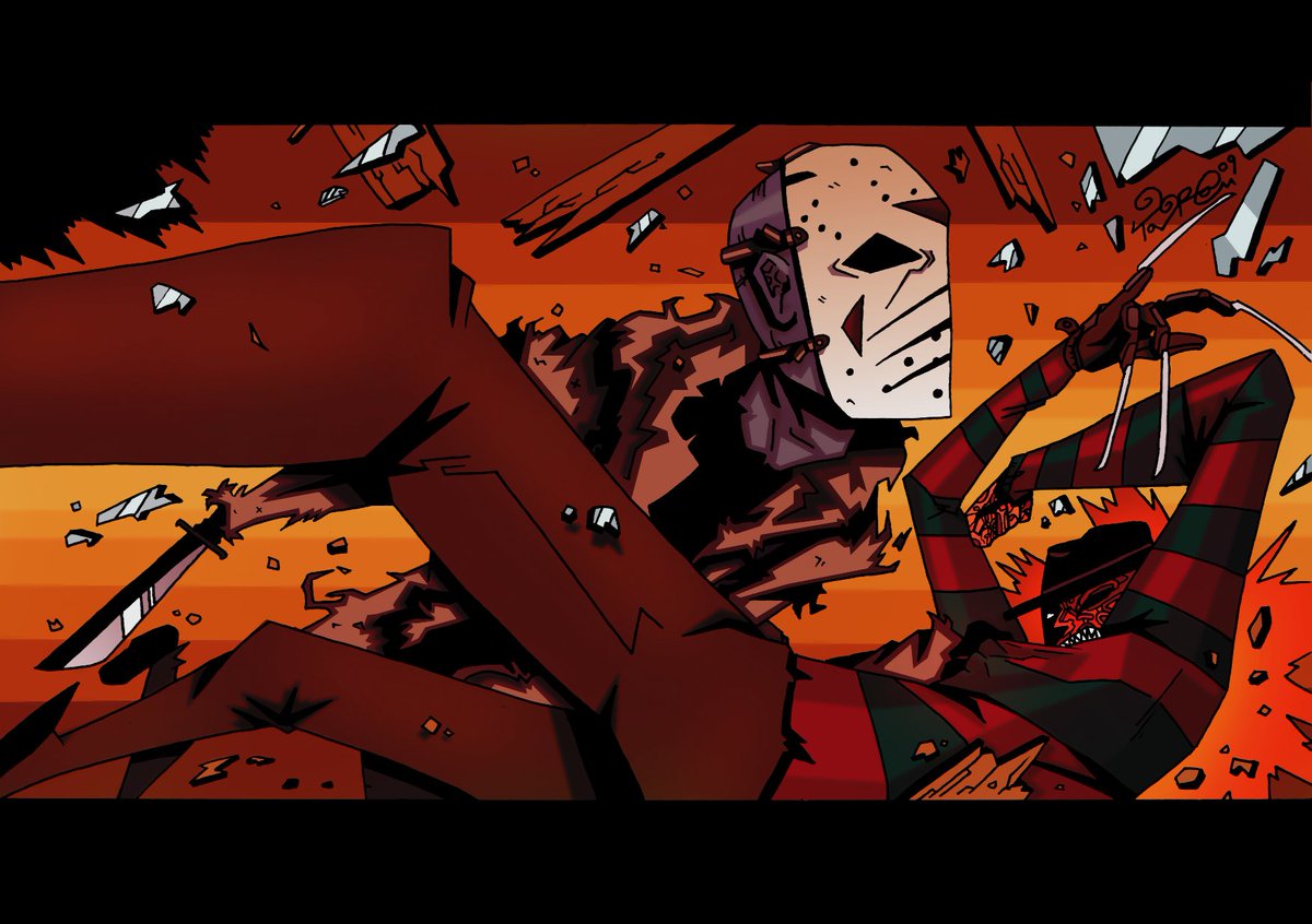 DeathByPodcast's tweet photo. Looking at some pretty amazing Freddy VS Jason fan art today. If you know the artist tag them in the comments, and add any others you like! #FreddyVsJason #FreddyKrueger #JasonVoorhees https://t.co/Nf1GcqjiE2