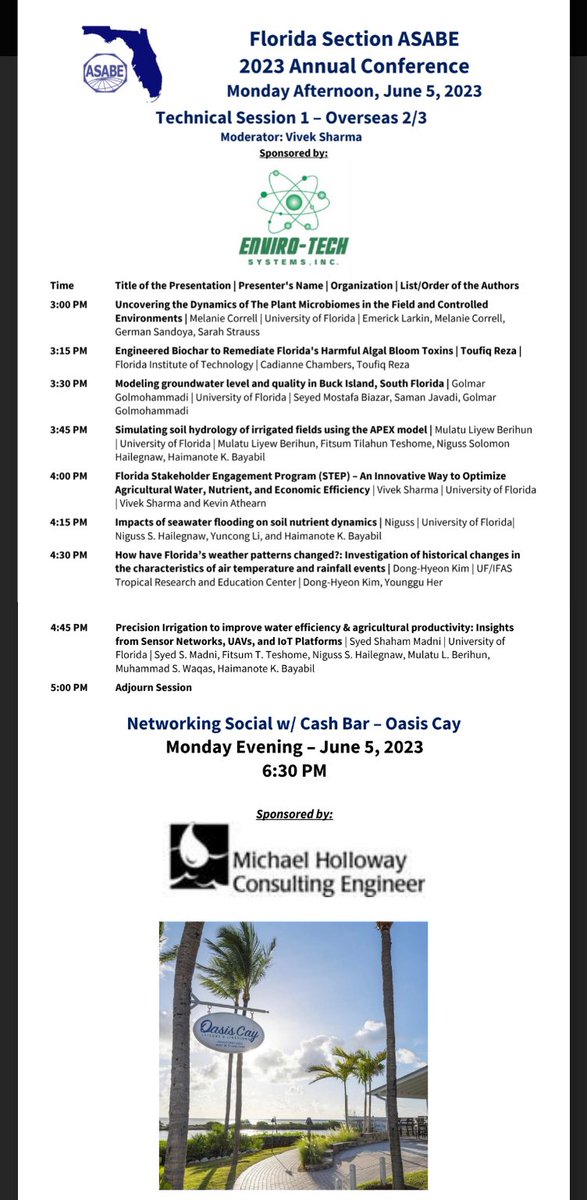 #FLASABE2023 Thank you to all speakers of the technical session 1 in this beautiful Monday afternoon at Florida Section ASABE!! Hope everyone will enjoy the networking social event this evening!