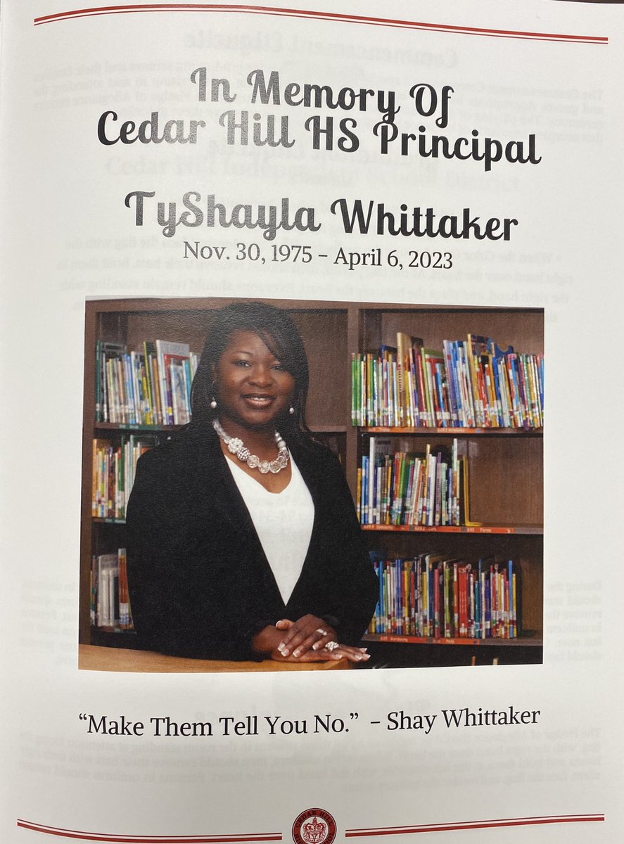 Thank you Dr. Kisha McDonald, Executive Director Secondary School Leadership & CHHS Acting Principal for honoring Mrs. TyShayla Whittaker, CHHS Principal at the 2023 Cedar Hill High School Graduation!

#SheMattered #EducatorForLife #AnAngelAmongUs  #OneLastTime #TTHL