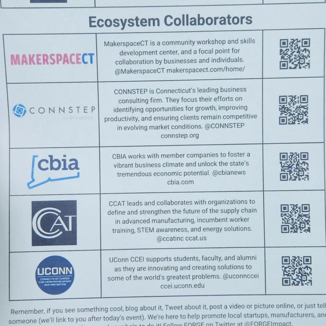 We attended the @FORGEImpact launch party and startup pitch contest event in Hartford. MakerspaceCT is part of CT's innovation ecosystem. We are proud to be a resource for entrepreneurs and startups in the region, along with @CONNSTEP @CBIANews @CCATInc & @UConnCCEI