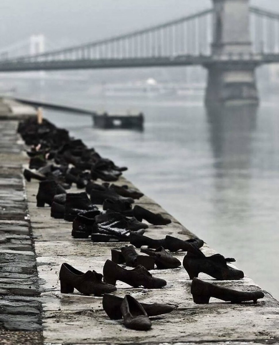 During WWII, Jews in Budapest were brought to the edge of the Danube, ordered to remove their shoes, and shot, falling into the water below. Sixty pairs of iron shoes now line the river's bank, creating a ghostly memorial to the victims. This memorial is known as 'Shoes on the