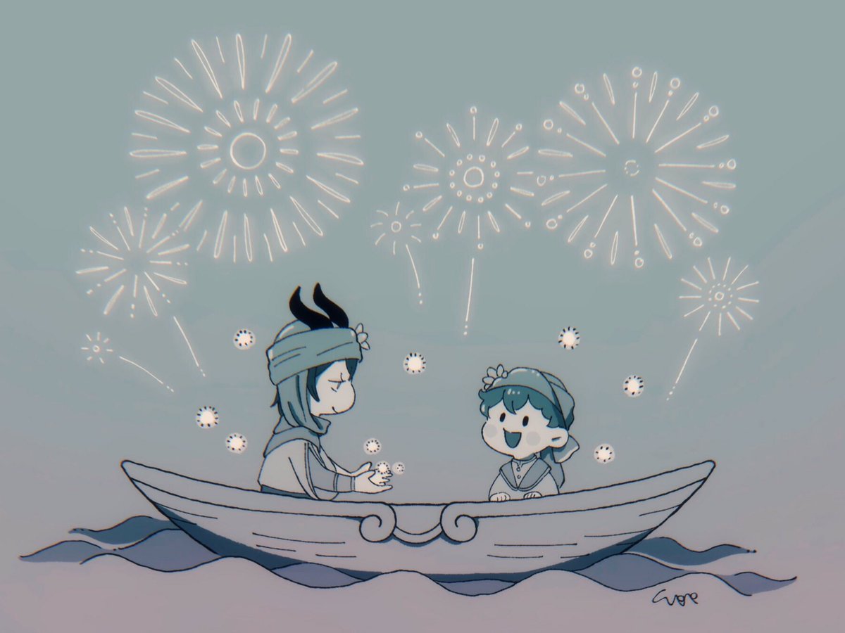 multiple boys watercraft 2boys boat fireworks flower open mouth  illustration images