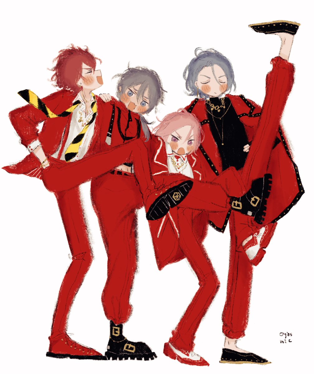 multiple boys red pants necktie red jacket male focus pink hair red hair  illustration images