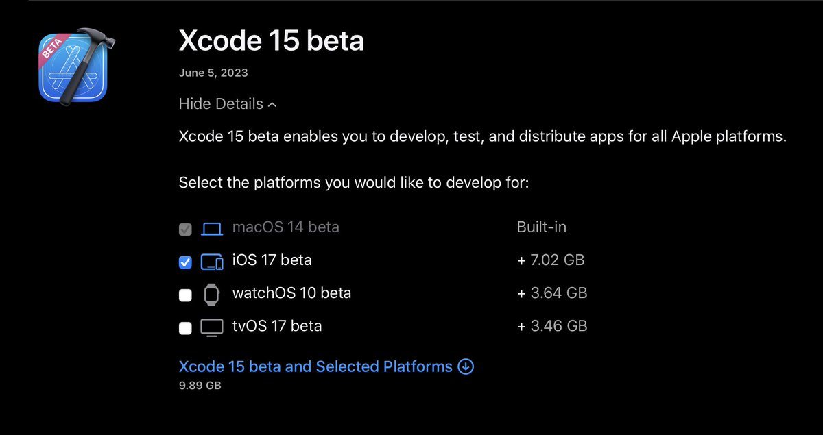 I very much like the way the Xcode 15 download is split up 👍  (Note there are only four OS options here 🥽👀)
