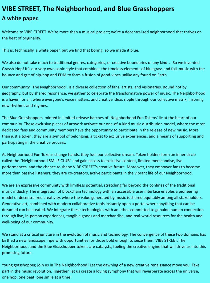 Check out the VIBE STREET “Blue Paper” and join our Neighborhood Insider Call Thursday at 4:20pm MST. fb.me/e/17mitEoEH?mi… #futureofmusic #musicnft #musicnfts #followthebluegrasshopper
