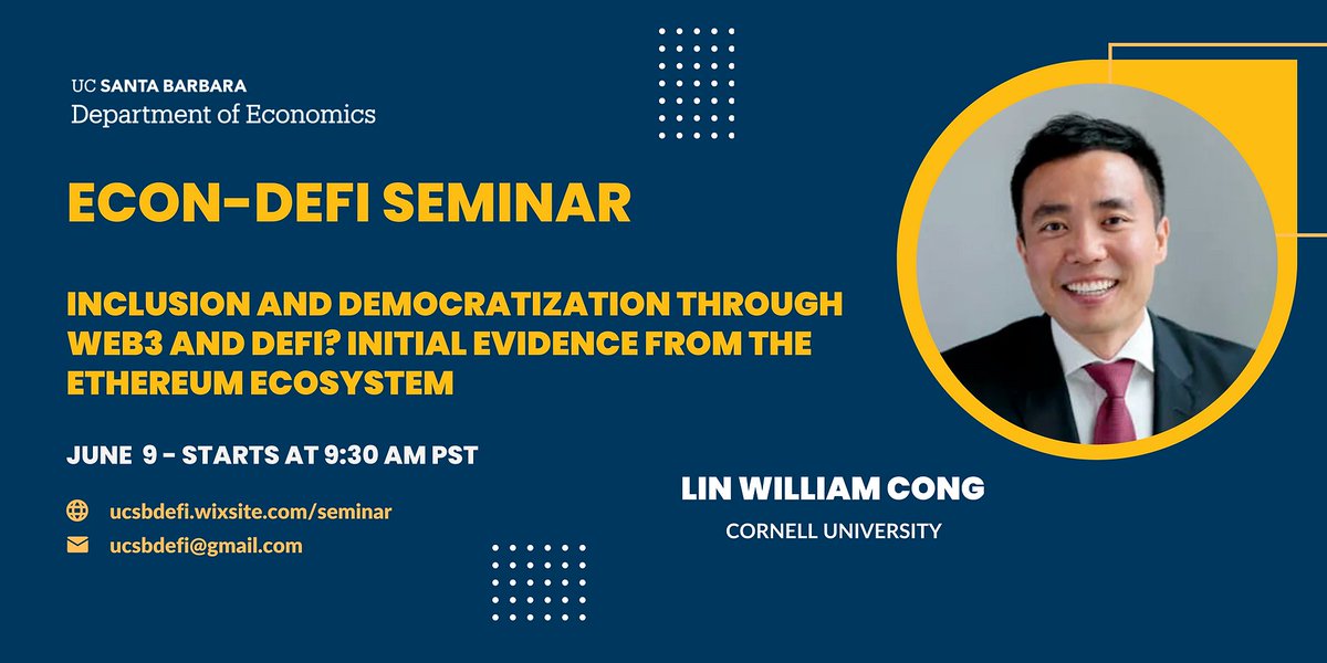 UCSBDeFi's tweet image. This Friday (6/9) at 9:30AM PST, we are joined by Lin William Cong of @CornellEcon, who will discuss Inclusion and Democratization Through Web3 and DeFi? Initial Evidence from the Ethereum Ecosystem.💫

📲 join us Friday!
ucsb.zoom.us/j/83534029174

#gradforgrad #DeFi #Ethereum