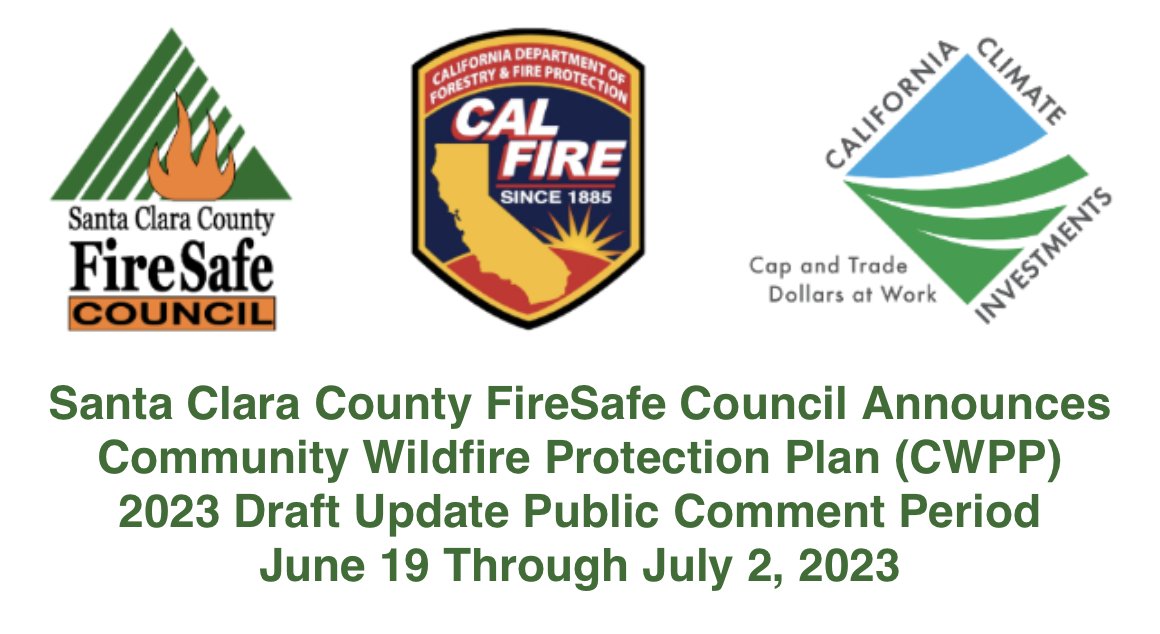 SCCFSC announced today that the public comment period for the draft update to Santa Clara County’s Community Wildfire Protection Plan (CWPP) opens on June 19th and will run through July 2nd, 2023. 
conta.cc/3WTxjqM