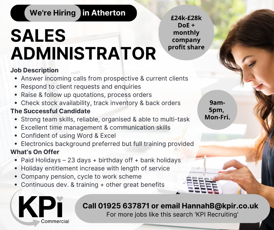 **SALES ADMINISTRATOR** Atherton, £24k - £28k + Loads of Benefits. Call Hannah  at KPI on 01925 637871, email HannahB@kpir.co.uk or find out more here: bit.ly/KPIsalesad #salesadmin #adminjobs #atherton #wiganjobs #BoltonJobs