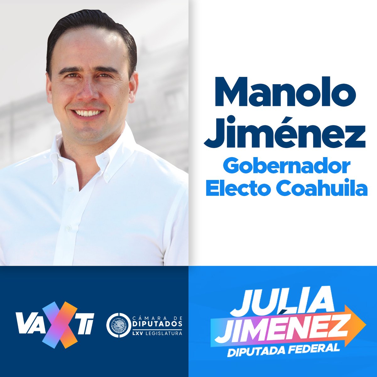 JuliaJimenezA's tweet photo. Muchas felicidades a nuestro gobernador electo de Coahuila, @manolojim. 
Enhorabuena también para las y los ciudadanos de este estado, estoy segura de que con el gobierno de coalición tendrán calidad de vida. 💙❤️💛 https://t.co/xmcbLujBKl