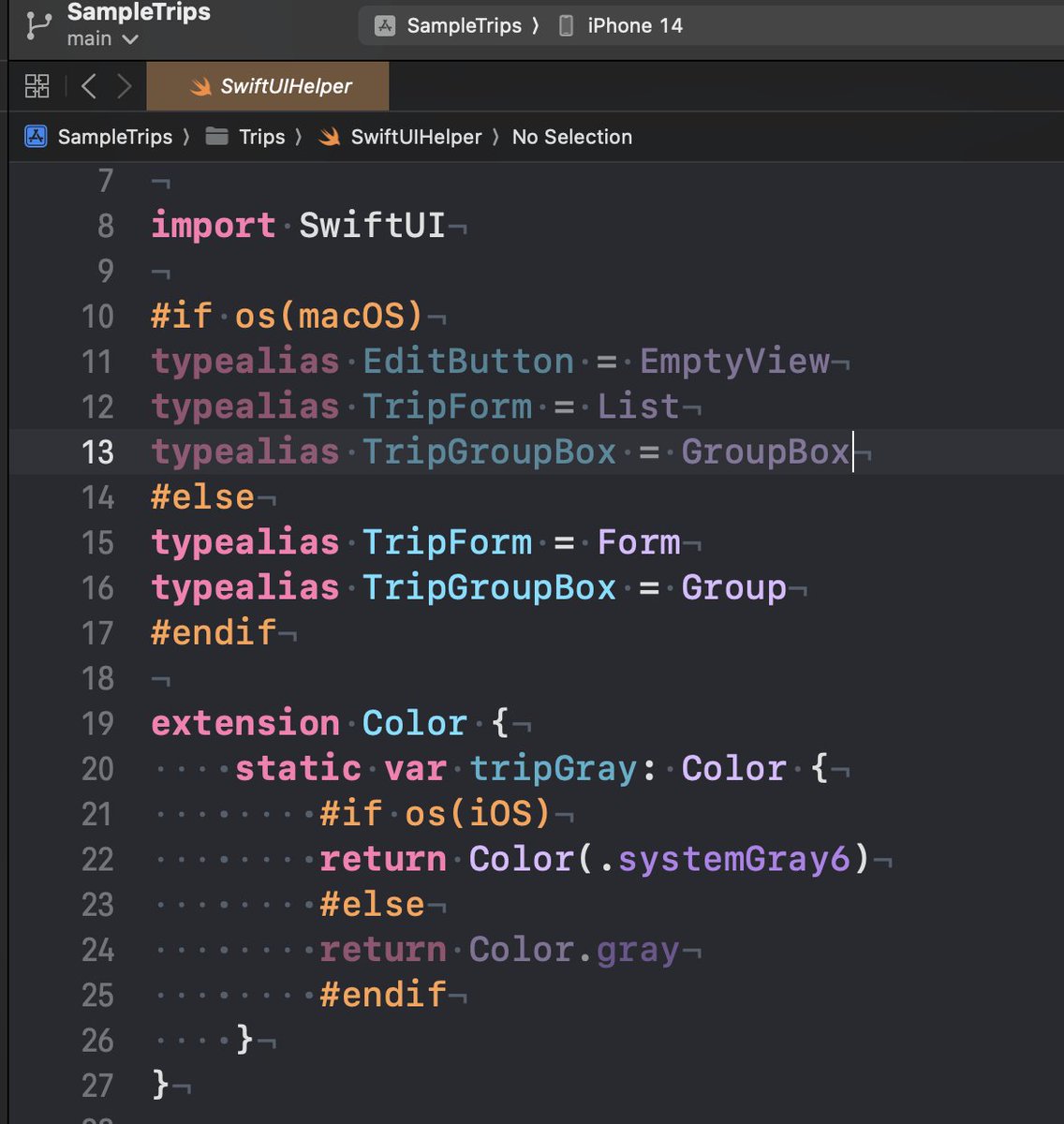 DonnyWals's tweet image. Ohh this is really cool! Xcode 15 will gray out #if paths that don&apos;t apply based on your current compilation target. In this case I&apos;m not targeting macOS so that #if path is gray! #WWDC23