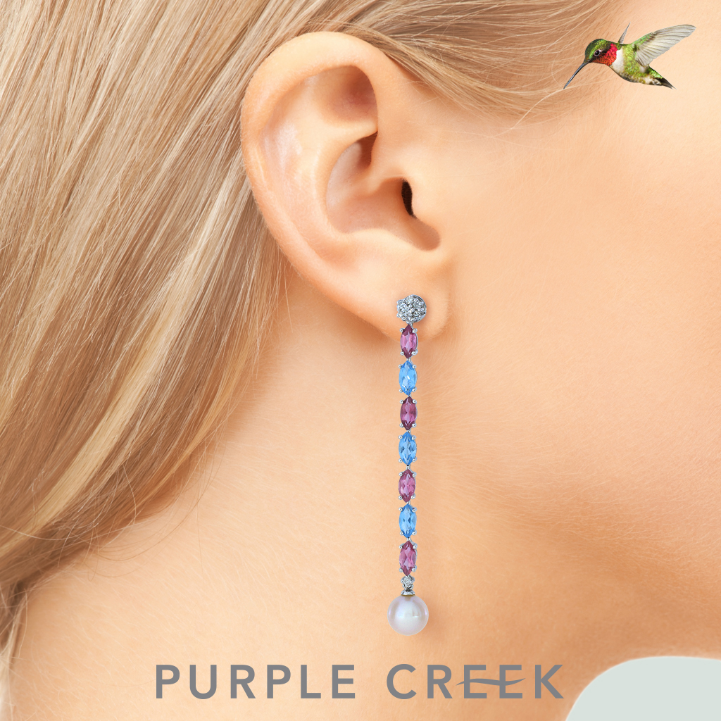 These almost 2 1/2' long and dangling earrings will get noticed! 14k white gold is hinged so that the pink tourmalines and blue topaz, diamonds and a 7.25mm pearl swing just perfectly.
purplecreek.com/jewelry-detail…