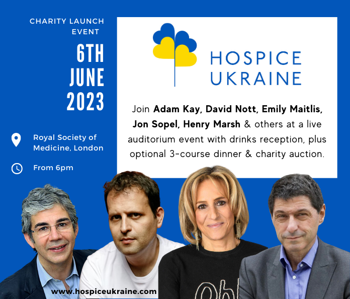 Can't believe this is really happening. From 6pm Tues at @RoySocMed. So much kindness from so many people - @maitlis, @jonsopel, @RogerKirby12, @OfficialSting, @PhilipPullman, @wmarybeard, @SannaMac_co to name but a few. All to raise money for @HospiceUkraine. Thank you all 🙏🇺🇦