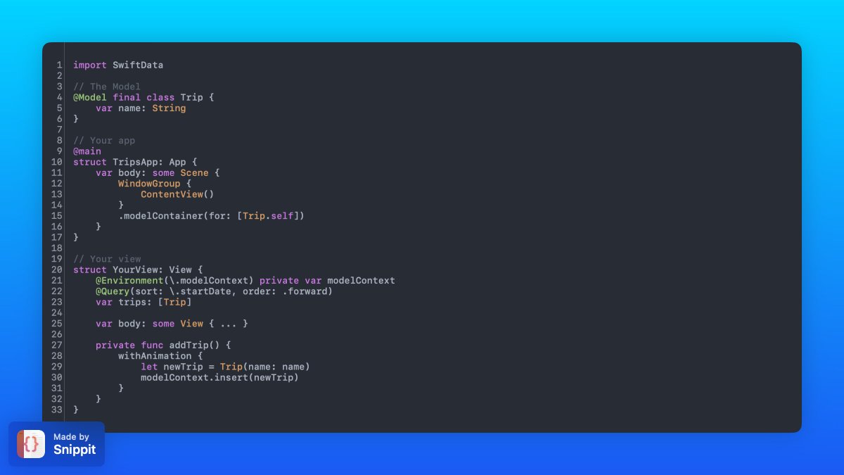 SwiftyAlex's tweet photo. Meet SwiftData 👀  This is everything you need to store a model from Swift, and observe it in your SwiftUI code 🤯  See ya data model files 👋🏻 https://t.co/mxdmzAUtZY