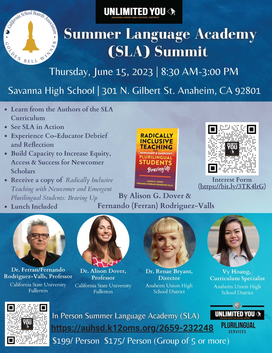 Now that the school year is over, it's time to focus on what comes next! Ready 2 learn more about #RadicallyInclusiveTeaching ? Come to @AnaheimUHSD's 1st Summer Language Academy Summit on June 15 & see what #BravingUp looks like in action! @DrRenaeBryant @TCPress @csufcoe 1/2