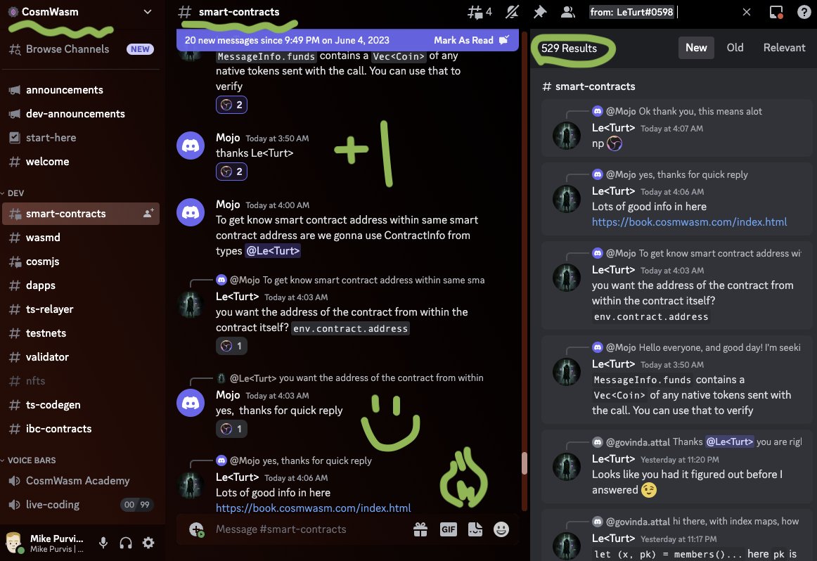 Can we have a round of applause for <a href="/LeTurt_/">LeTurt</a> and all the <a href="/CosmWasm/">CosmWasm</a> Discord assistance

thank u, boo

hip hip —