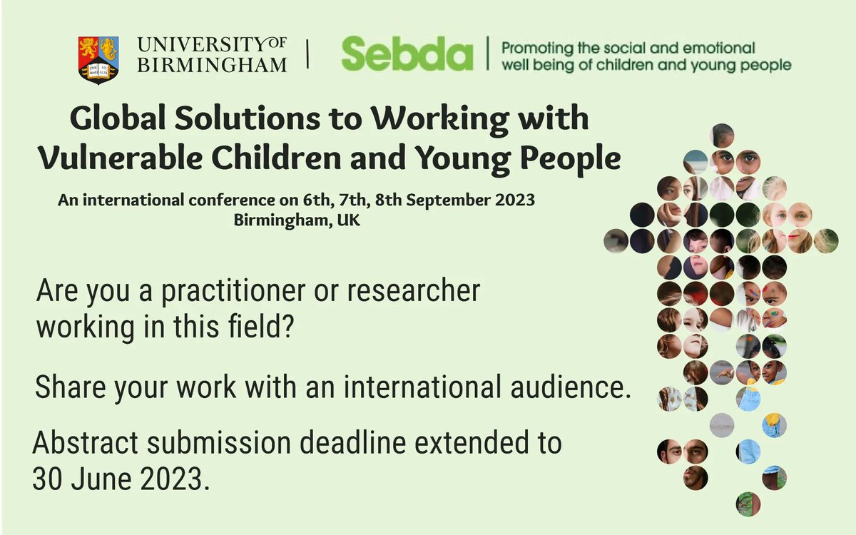 Are you a practitioner or researcher working with vulnerable CYP in education/social/health care and want to share your work? Then we want to hear from you! buff.ly/3NVmp1b Conference themes will include inclusion, displacement and mental health.