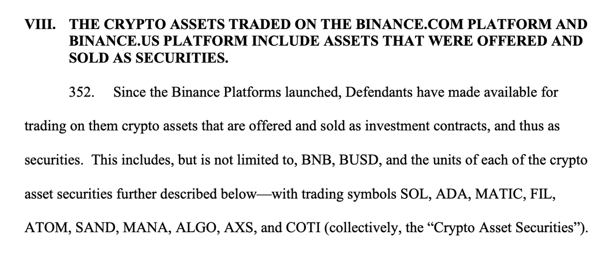 Dhruvbs's tweet photo. SEC accuses Binance of selling other securities.

The assets listed $ADA (8th largest crypto asset), $SOL (10th), $MATIC (11th), $FIL (33rd), $ATOM (23rd), $MANA (54th), $AXS (58th), $COTI (325th?). Also, listed was $TRX a bit earlier (12th)

All labeled "Crypto Asset Securities" https://t.co/4Ld0XilIOu