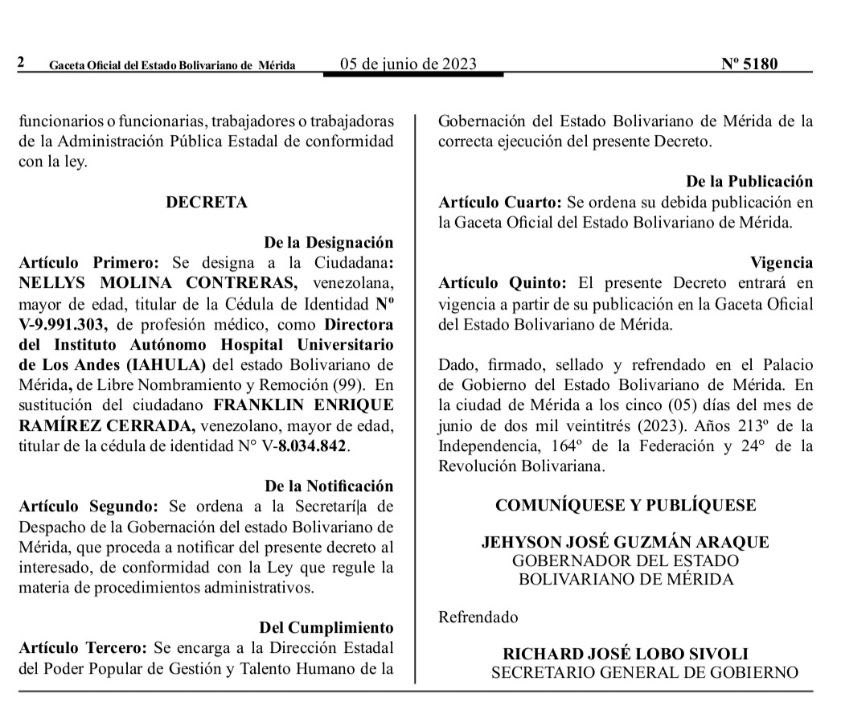 Pueblo de Mérida, informo que a través de la Gaceta Oficial del Estado Bolivariano de Mérida N.° 5 180, bajo decreto 176 he designado a la 𝗗𝗿𝗮. 𝗡𝗲𝗹𝗹𝘆𝘀 𝗠𝗼𝗹𝗶𝗻𝗮 como nueva directora del Instituto Autónomo Hospital Universitario de Los Andes <a href="/IAHULAOFICIAL/">IAHULAOFICIAL</a>. El Dr.