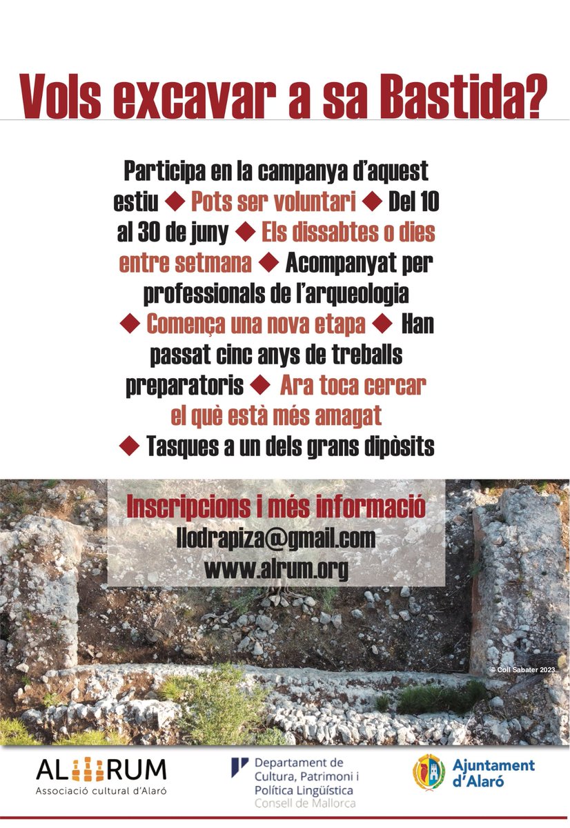 📢 Vols excavar a #SaBastida? 
🔨 Estam a punt de començar amb l'excavació arqueològica del dipòsit 2 i convidam a la participació de voluntaris que vulguin viure l’experiència de cercar les claus del passat.
📝Descobreix com inscriure't a la web alrum.org/iniciatives/sa…