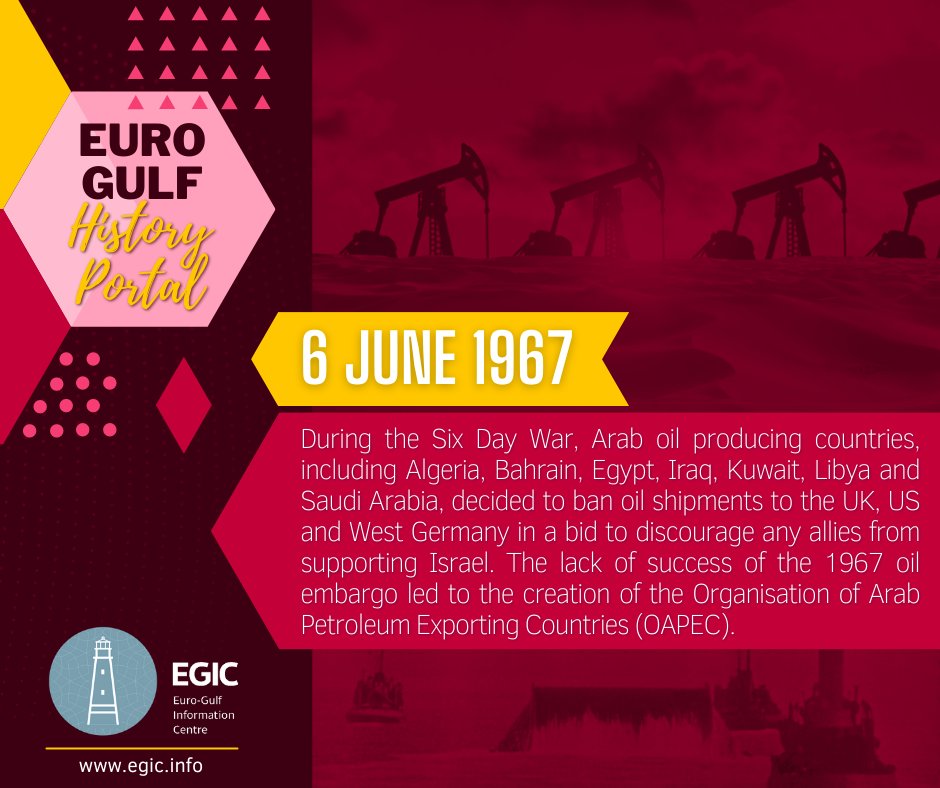 #GulfHistoryPortal🔍| 56 years ago, the Arab-Israeli #SixDayWar, involving #Egypt, #Syria, #Jordan, #SaudiArabia & #Iraq, began. Within six days, #Israel took the #GolanHeights, #Sinai, #GazaStrip, #EastJerusalem and #WestBank from its #Arab neighbours.
🟡egic.info/gulf-history-p…