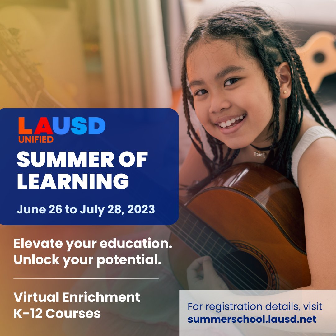Students, you can have a virtually fun summer by registering @ enrichment.lausd.net  to play an instrument or ukulele w/<a href="/Fender/">Fender</a> and learn about new cultures through our World Language courses. Sign up by June 9. See You in School! #IBelieveInLAUSD