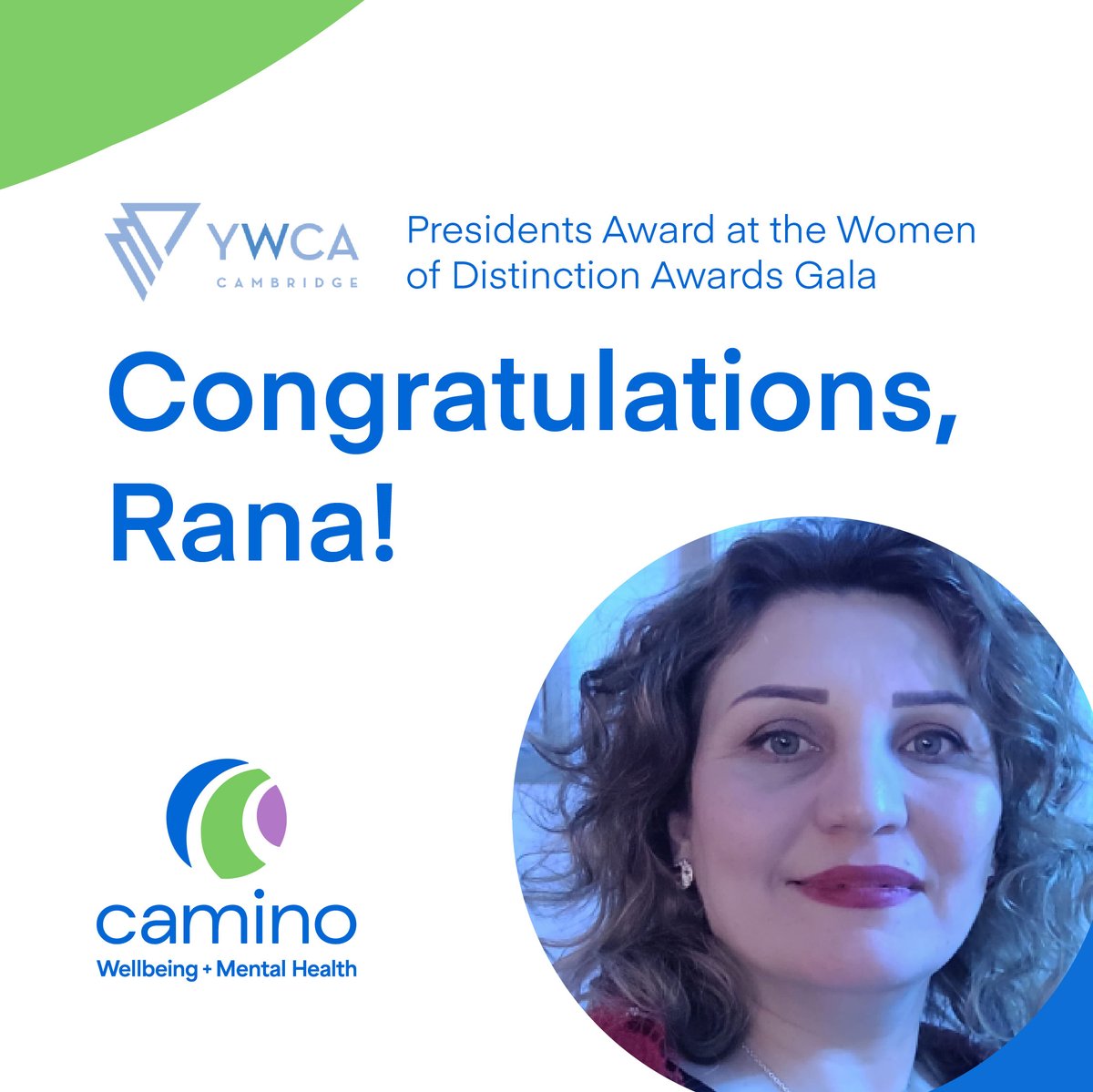 [Follow @CaminoWellbeing for more. This account will be inactive soon.] On June 14, Rana Mohammad, Service System Navigator with Camino, is being honoured with the @/ywcacambridge Presidents Award. We offer heartfelt congratulations to Rana!