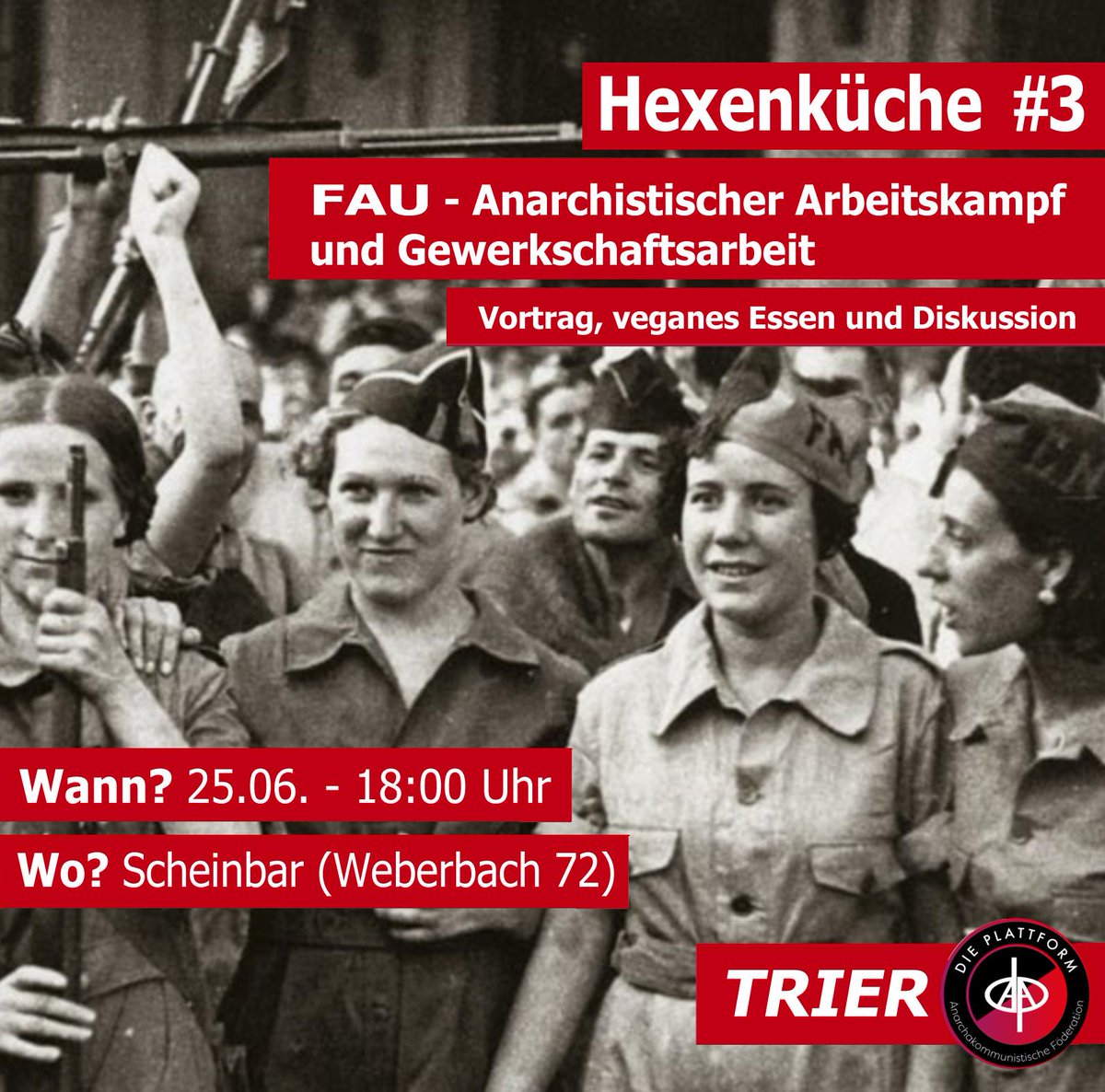 FAU Trier (@trierfau) on Twitter photo Gemeinsam mit der <a href="/DPlattformTrier/">die plattform Trier</a> laden wir zur Hexenküche ein! Genoss_innen der FAU Saar/Pfalz und FAU Trier werden einen Input zu anarchistischer Kritik an Lohnarbeit und dem Anarchosyndikalismus geben. Wir freuen uns! Gemeinsam mit der <a href="/DPlattformTrier/">die plattform Trier</a> laden wir zur Hexenküche ein! Genoss_innen der FAU Saar/Pfalz und FAU Trier werden einen Input zu anarchistischer Kritik an Lohnarbeit und dem Anarchosyndikalismus geben. Wir freuen uns!