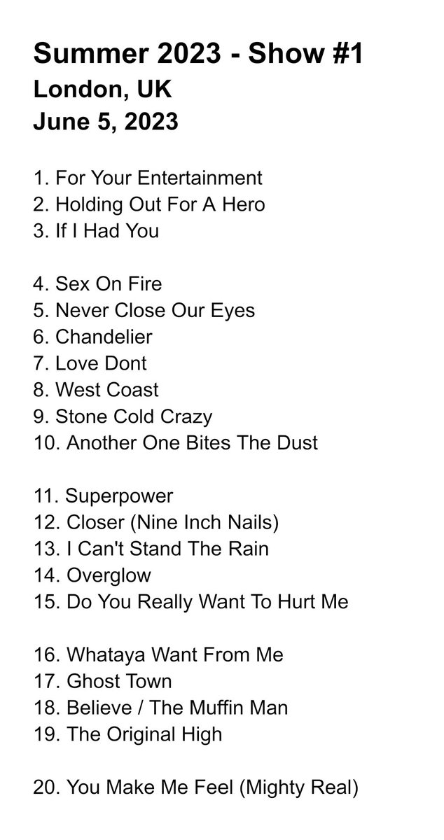 Setlist for the Royal Albert Hall tonight!

<a href="/AdamLambert/">ADAM LAMBERT</a> was on FIRE — no breaks, only vocals and sparkly vibes. We had so much fun listening to the show 💖