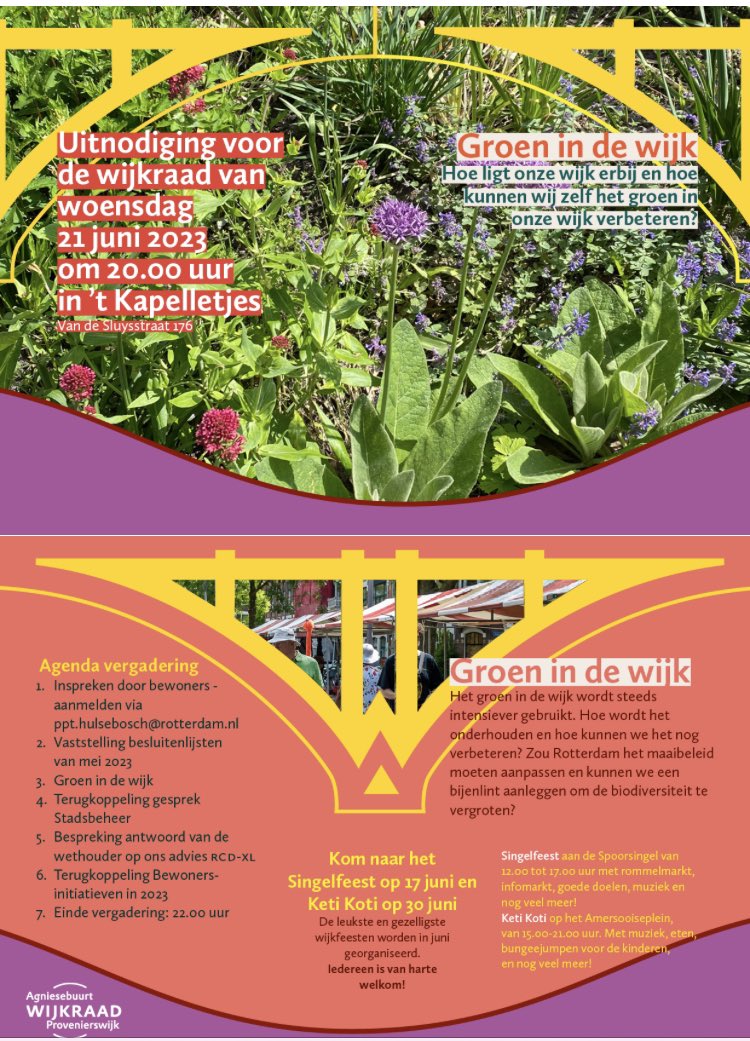 Volgende openbare wijkraadvergadering Agniesebuurt-Provenierswijk op 21 juni heeft als thema GROEN IN DE WIJK.