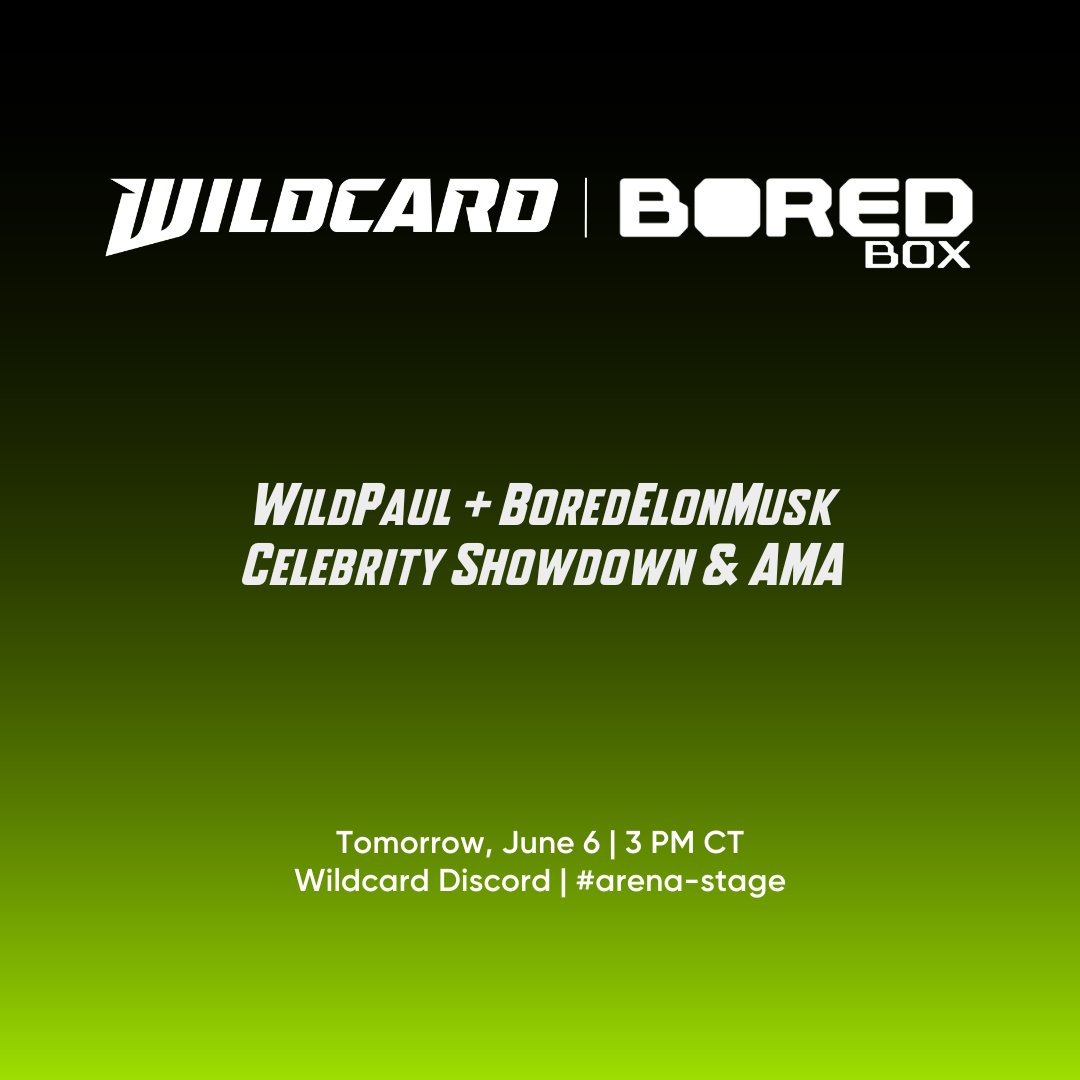 Mark your calendars for an epic showdown between @PaulBettner and @BoredElonMusk on June 6 at 3 pm CT. 🎮

They'll be answering your questions about Wildcard, @BoredBox, gaming, and more.😱 

Plus, one lucky audience member will win a Bored Box b64 membership! 🔥