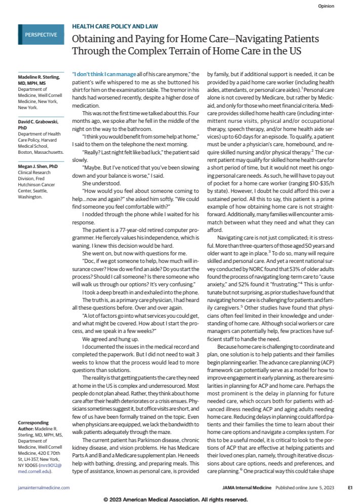 NEW in @JAMAInternalMed we write about the challenges of getting and paying for care at home @DavidCGrabowski @MeganJShenPhD Thanks to my patient and his wife for letting me share their story, which represents a growing problem that needs real solutions. jamanetwork.com/journals/jamai…