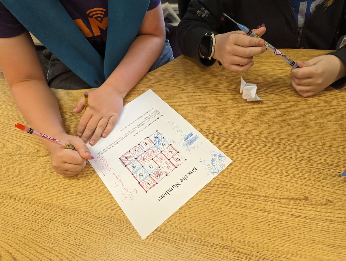 MrBushart's tweet photo. Day 168: Today we played a variation of Dots and Boxes called Box the Numbers. Not only is each player trying to claim boxes, but they also get a score based on the numbers inside their boxes. They loved it! Thanks for sharing this variation, @MathforLove! https://t.co/UtyhKyQ7m9 https://t.co/eS6gSfkztZ