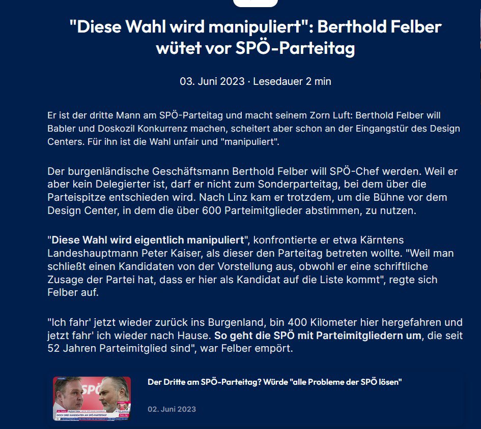 RolandReichart's tweet photo. @barbaratoth @DianaWeidlinger @ORF @MartinThuer Wann berichtet der #ORF von Berthold #Felber ? @oe24at war wieder schneller! Ohne #GIS Gebühr! https://t.co/nkLa1qH8Y3