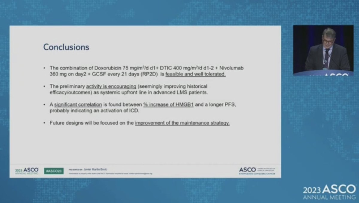 Combination chemo plus IO: DOX 75 mg/m2/d on D1 followed by DAC 400 mg/m2/d on D1 & 2, plus NIV 360 mg on D2 after DAC Q3W, followed by 1-year NIV maintenance is a feasible and well-tolerated in patients with #leiomyosarcoma #sarcoma #ASCO23 @OncoAlert